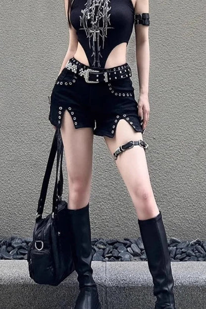 Low Waisted Slit Detail Denim Shorts