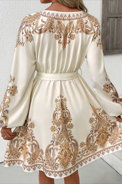 Chic Paisley Print V Neck Ethnic Mini Dress