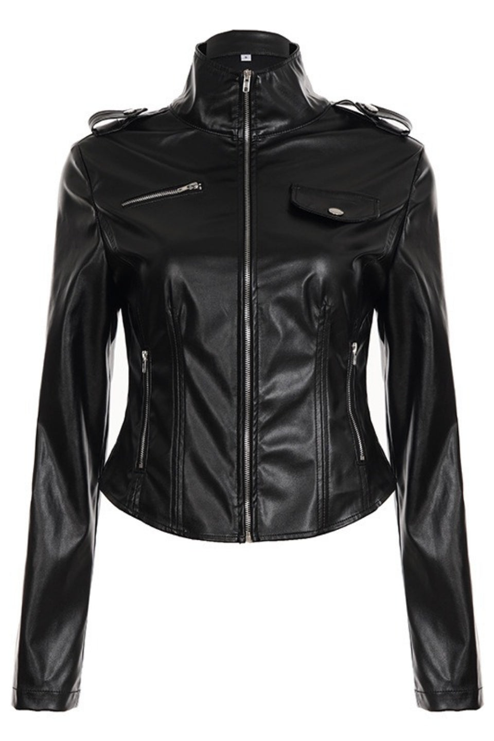 Edgy Stand Collar Zip Waist-fit Leather Jacket