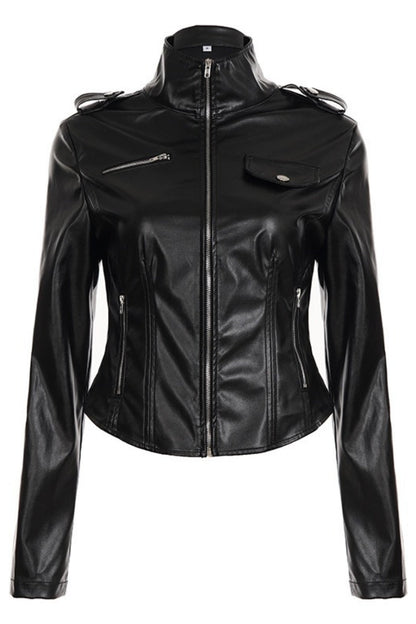 Edgy Stand Collar Zip Waist-fit Leather Jacket