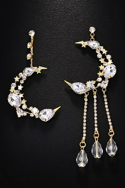 Rhinestone-Embellished Moon and Tassel Drop Earrings
