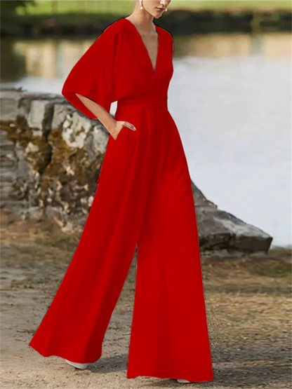 Women's Stylish V-Neck Wide-Leg Jumpsuit with Batwing Sleeves | Ideal for Spring/Summer