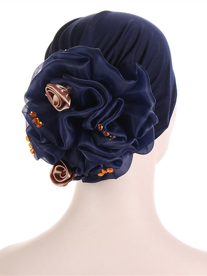 Women Solid Color Back Big Flower New Turban Muslim Hijab Caps Satin Flowers Arab Wrap Inner Hijabs Bonnet Hat Headdress for Women