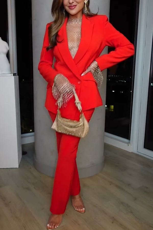 Luxe Lifestyle Single Button Lapel Blazer and Elastic Waist Pocketed Straight Suit Pants Set