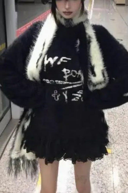 Y2K Black White Japanese Cute Cartoon Long Luxury Warm Autumn Winter Scarf