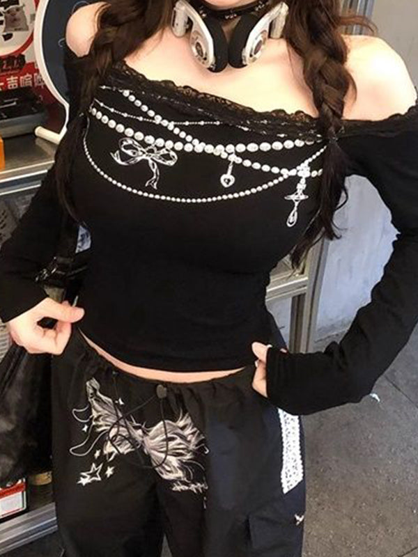 One Shoulder Lace Print Long Sleeve Tee