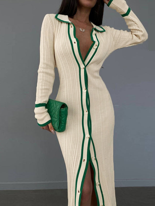 Contrast Color Trim Splice Lapel Neck Slim Midi Dress