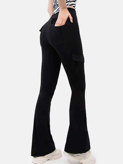 Solid Multi Pocket High Rise Flare Leg Pants