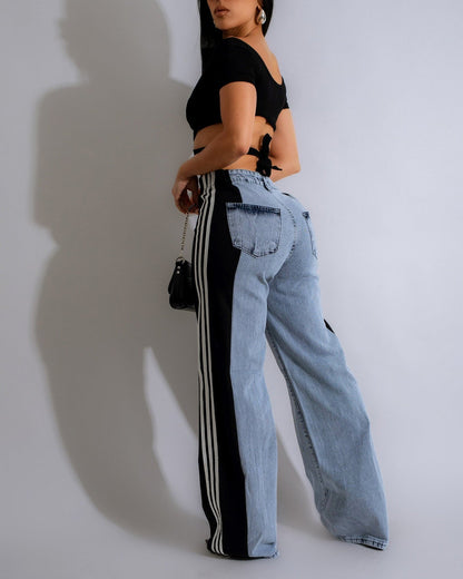 High Waisted Straight Pants Casual Pants Striped Patchwork Jeans