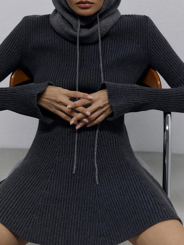Solid High Neck Slim Knit Mini Dress