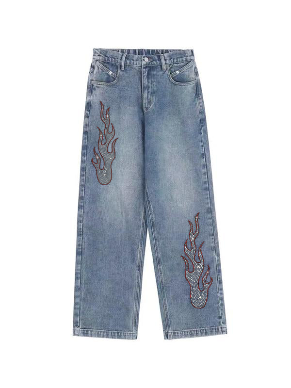 Flame Hot Diamond Printing Vintage Blue Wide Leg Boyfriend Jeans