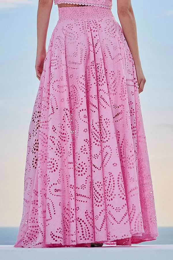 Paris Dreaming Embroidered Lace High Rise Elastic Waist Pocketed Maxi Skirt 
