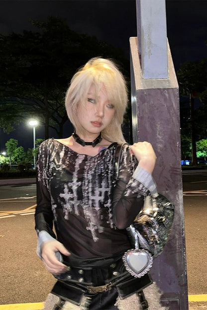 Grunge Streetwear Graphic Mesh Long Sleeve Mesh Top