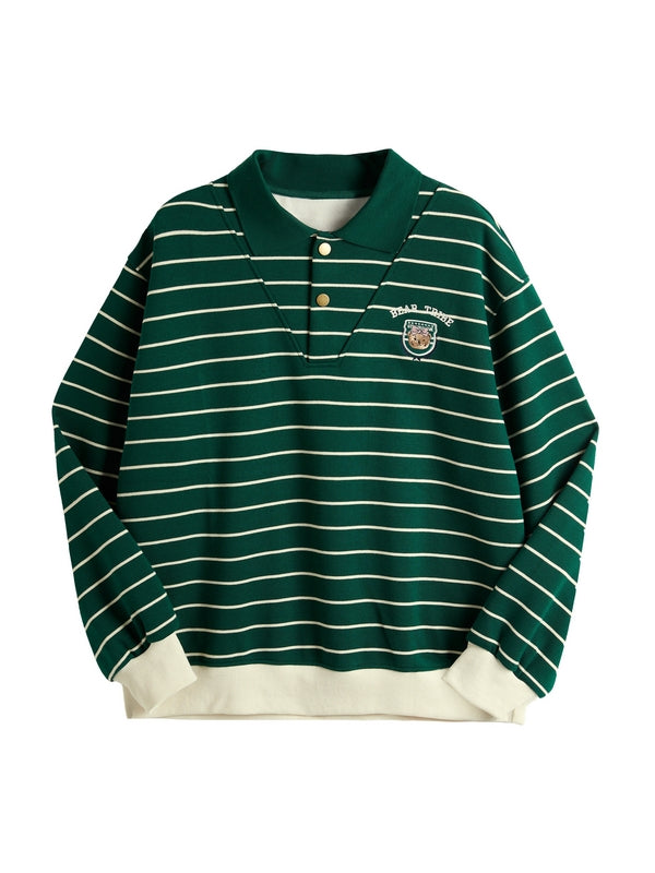 Stripe Print Bear Embroidery Shirt Neck Oversized Hoodie