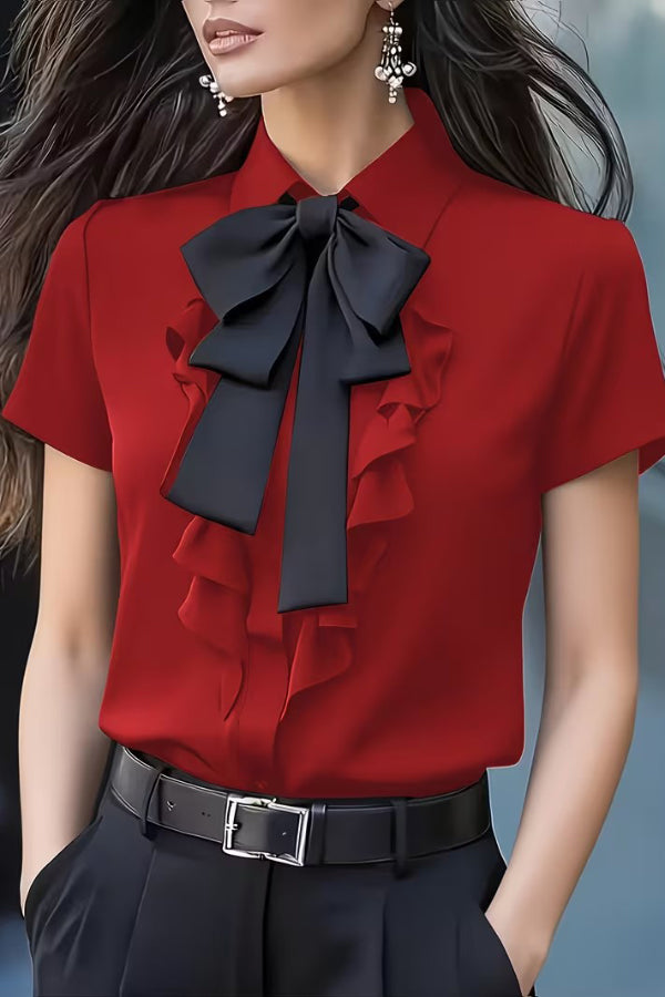 Solid Color Tie-neck Ruffle Collar Short-sleeved Casual Shirt