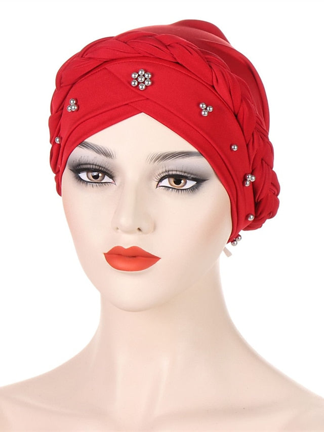 Multiple Colors Choice with Beads Women Muslim Braid Head Turban Wrap Cover Islamic Arab Cap Fashion Hair Loss Bonnet Beanies for Women