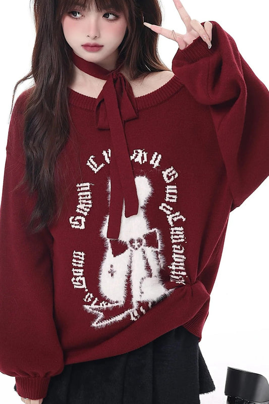 Christmas Bunny Lantern Sleeve Oversized Knit Sweater