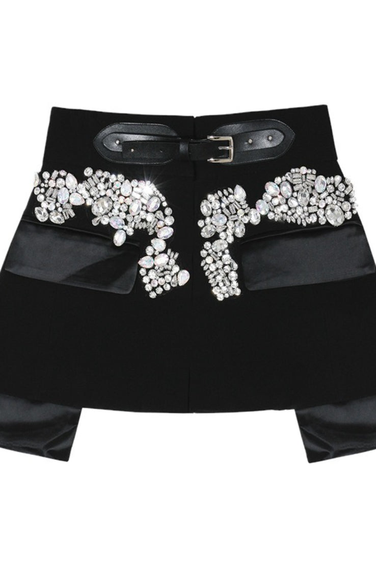 High-Street Beaded Bling PU Buckle Mini Skirt