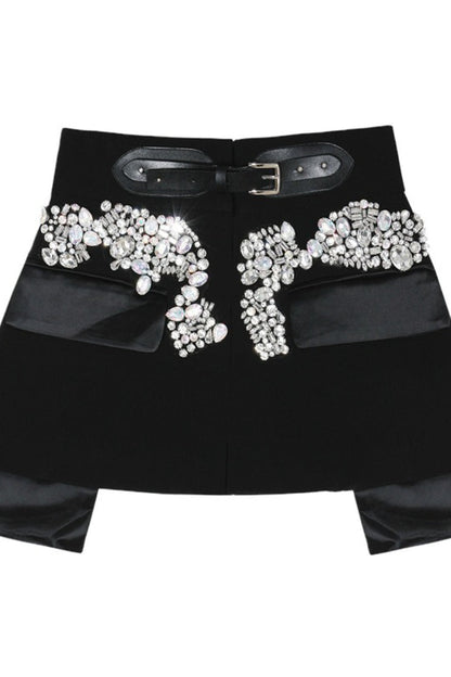 High-Street Beaded Bling PU Buckle Mini Skirt