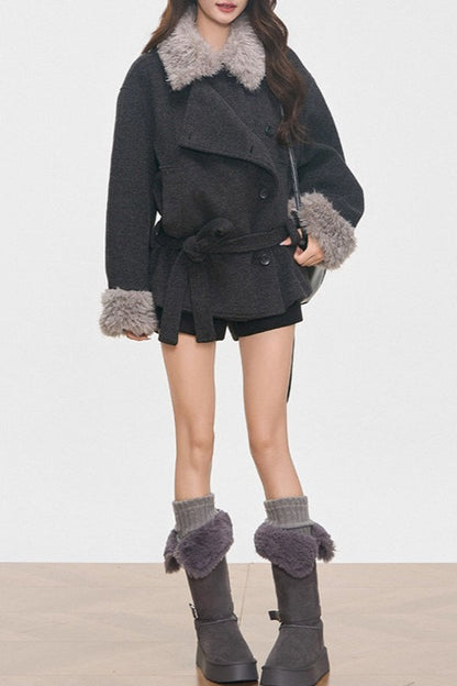 Petite Faux Fur Collar Thick Wool Blend Chic Coat