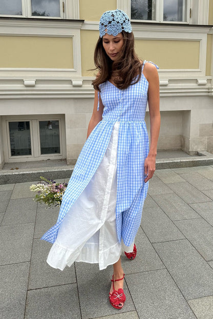 Plaid Fake Two-Piece Single Breasted Spaghetti Strap Midi Dress