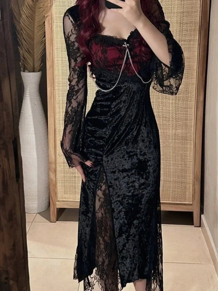 Gothic Lace Slim Midi Dress