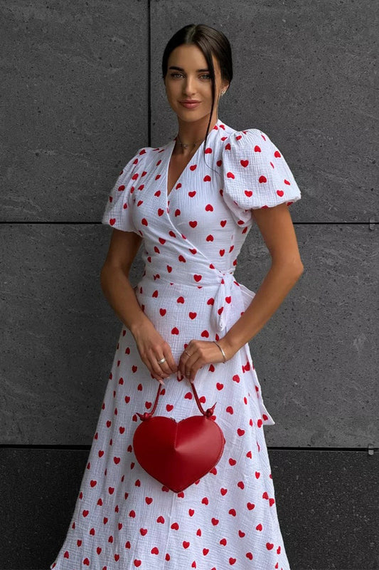Cotton Print Tie Puff Sleeve Midi Dress