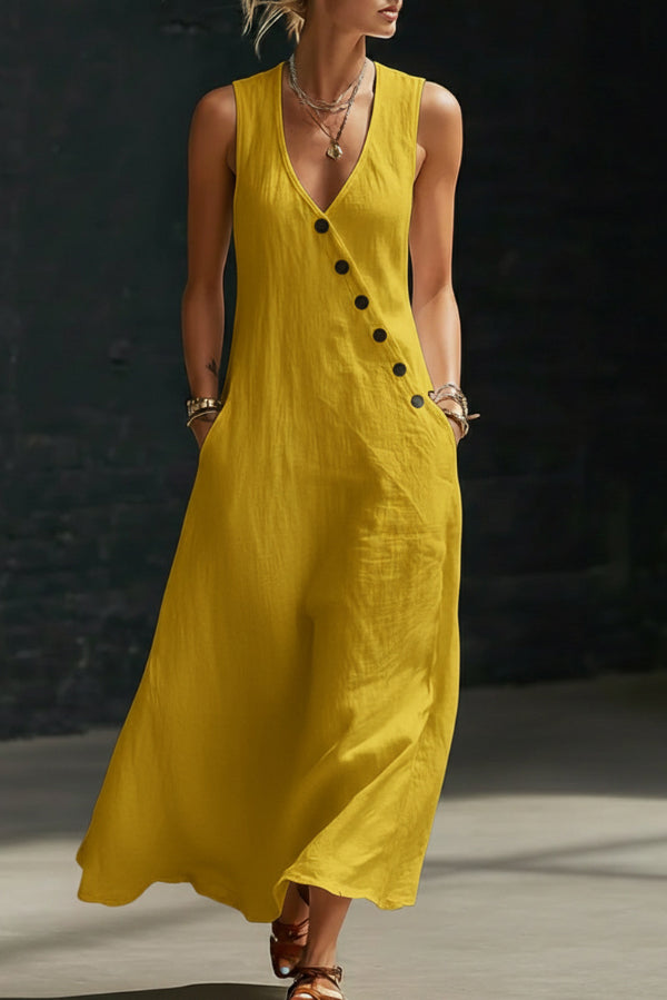 Linen Blend Solid Color V-neck Sleeveless Button-down Casual Pocket Midi Dress