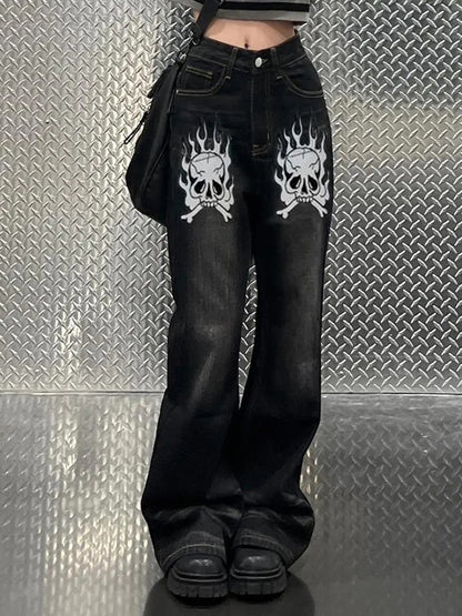 Washed Skull Print Boyfriend Jeans