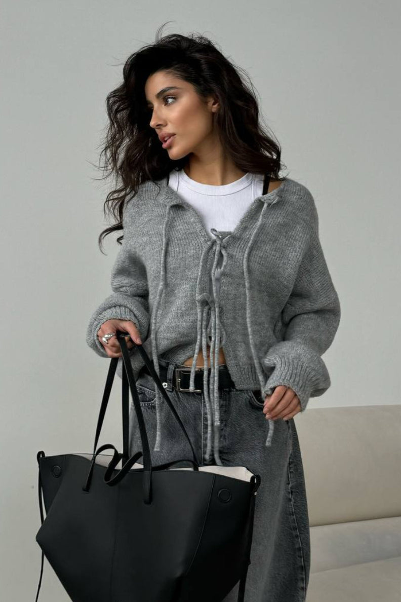 Solid Color Bow Tie Long Sleeve Knit Cardigan