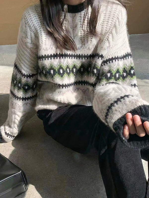 Vintage Jacquard Cable Knit Pullover Sweater