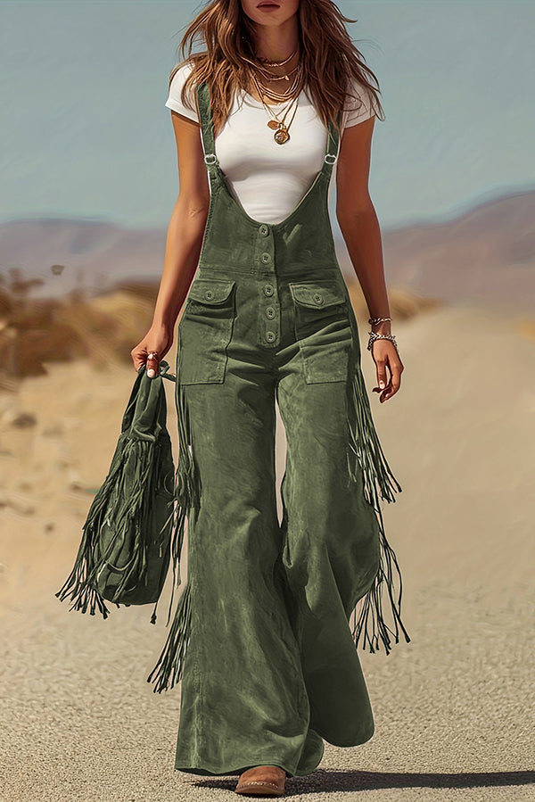 Stylish Suede Tassel Button Pocket Casual Wide-leg Overalls