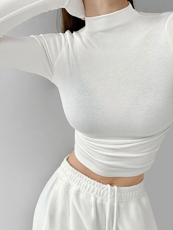 Solid Mock Neck Shirred Slim Long Sleeve Knit