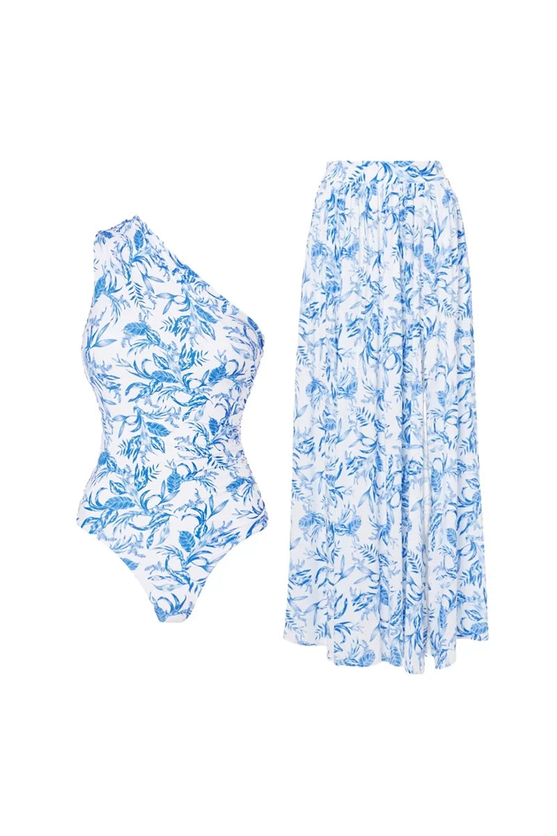 Conjunto azul de un solo hombro con estampado floral fresco