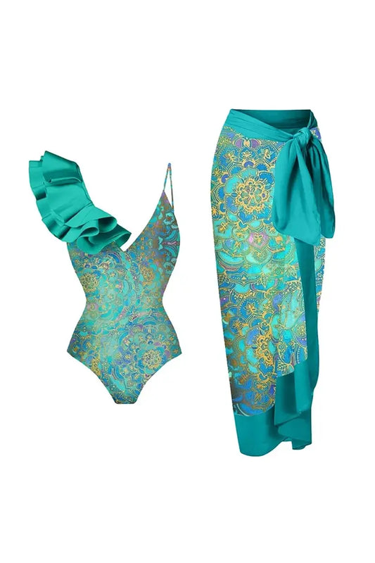 Conjunto de traje de baño de una pieza con estampado de volantes bohemios