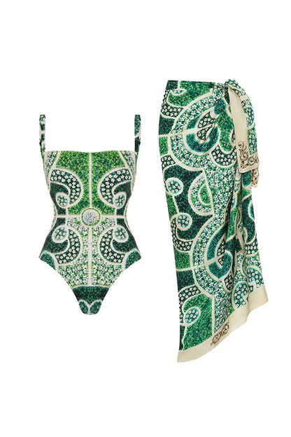 Traje de baño de una pieza con estampado étnico verde