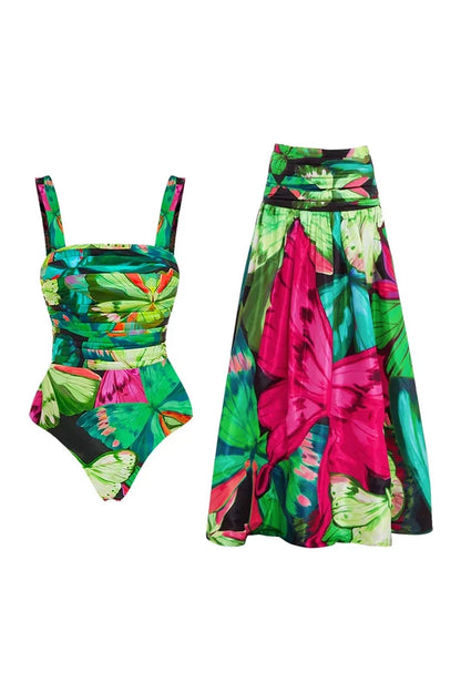Conjunto de traje de baño adelgazante fruncido con estampado de mariposas
