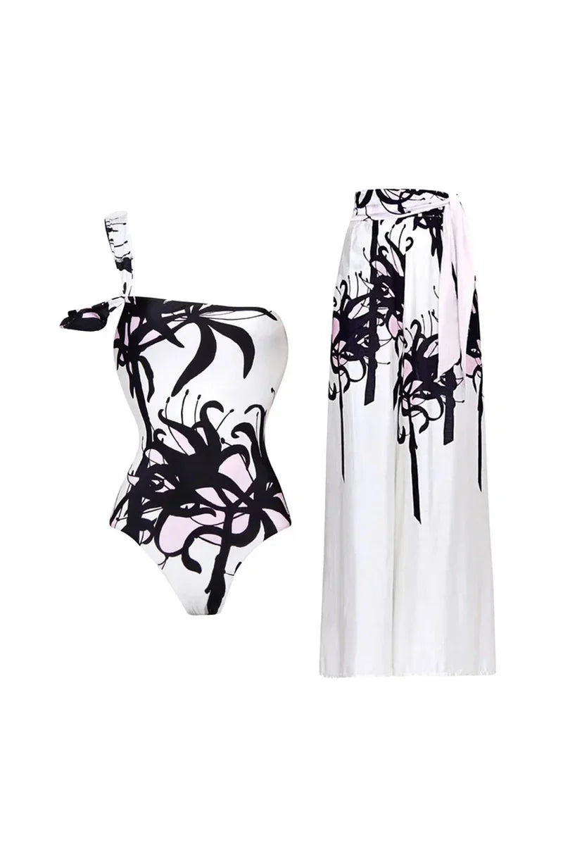 Traje de baño de una pieza con estampado de tinta china