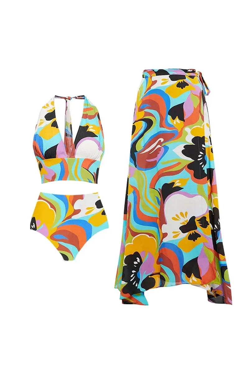 Conjunto de traje de baño sexy con estampado de cuello halter en V profundo