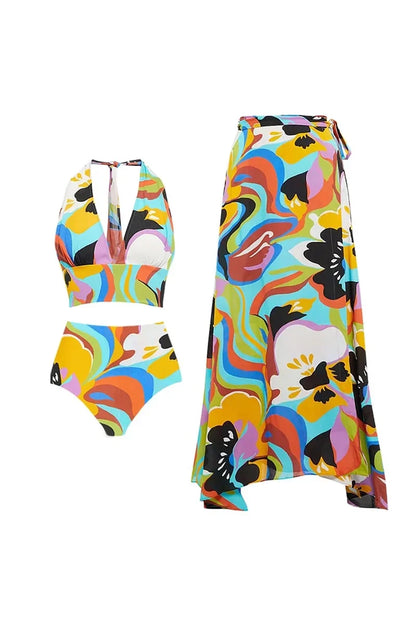 Conjunto de traje de baño sexy con estampado de cuello halter en V profundo