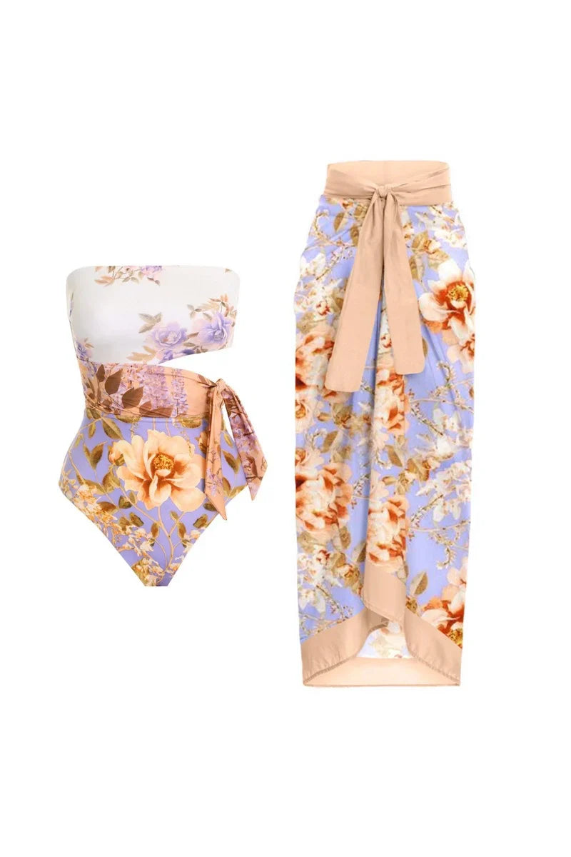 Traje de baño de una pieza con lazo en la cintura y estampado floral recortado