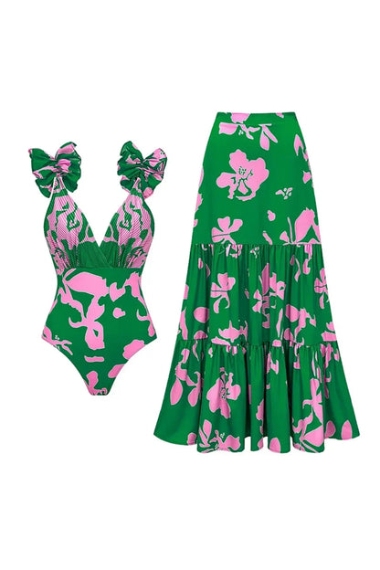 Conjunto de traje de baño de resort con estampado floral