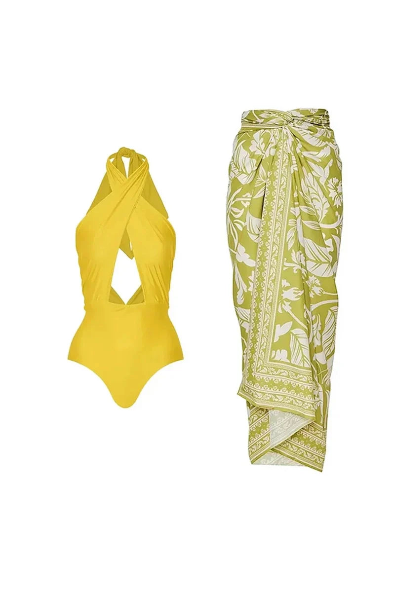 Traje de baño de una pieza con escote halter cruzado y corte sólido