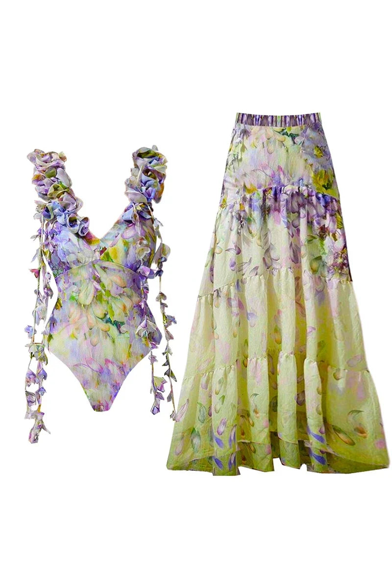 Traje de baño estilo hada con lazo y apliques florales