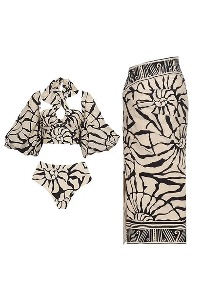 Conjunto de traje de baño con cuello halter y mangas desmontables