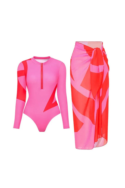 Conjunto de traje de baño de surf de manga larga con bloques de color