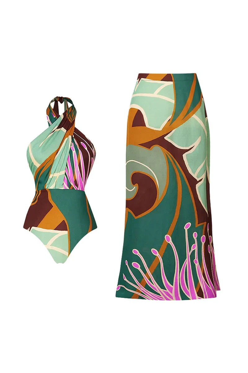 Conjunto de traje de baño floral con espalda descubierta y cruzado estilo halter