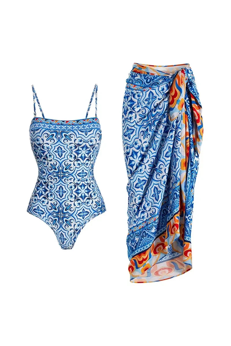Conjunto de traje de baño con estampado étnico azul