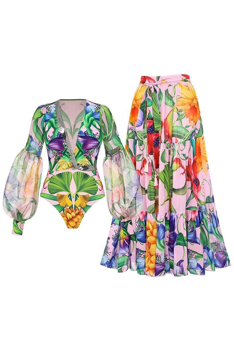 Conjunto de traje de baño estampado con mangas farol y escote en V profundo