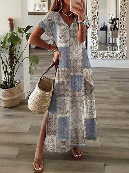 A Line Dress Long Dress Maxi Dress Blue Short Sleeve Print Split Spring Summer V Neck Casual Loose Fit  S M L XL XXL 3XL for Women